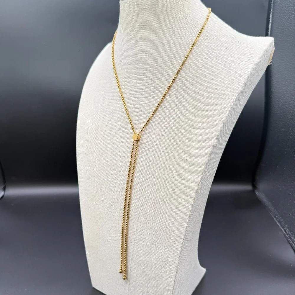 Gold Tone Adjustable Bolo Lariat Necklace Box Chain Tassel Minimalist Jewelry
